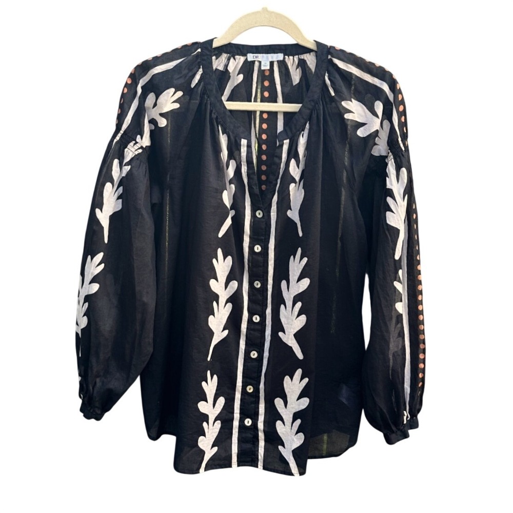 DR2 by Daniel Rainn Black White Leaf Print Cotton Peasant Blouse 1X DRX21569CNV